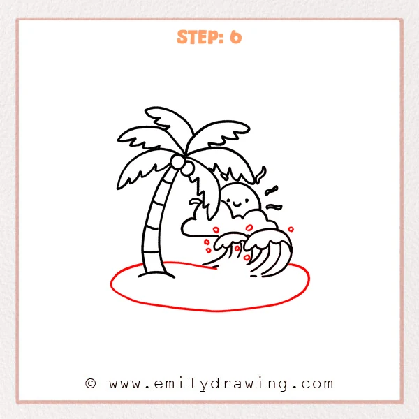 how to draw a cartoon beach - A cartoon beach scene with a palm tree, smiling sun behind a cloud, curling waves, added bubbles, and a large oval sandy island at the bottom.